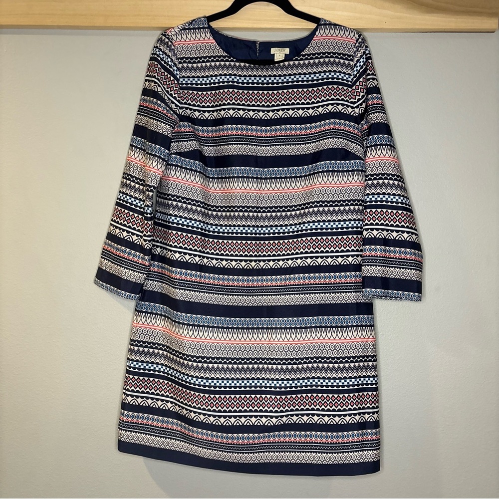 J. Crew‎ Navy and Pink Patterned Long Sleeve Dress